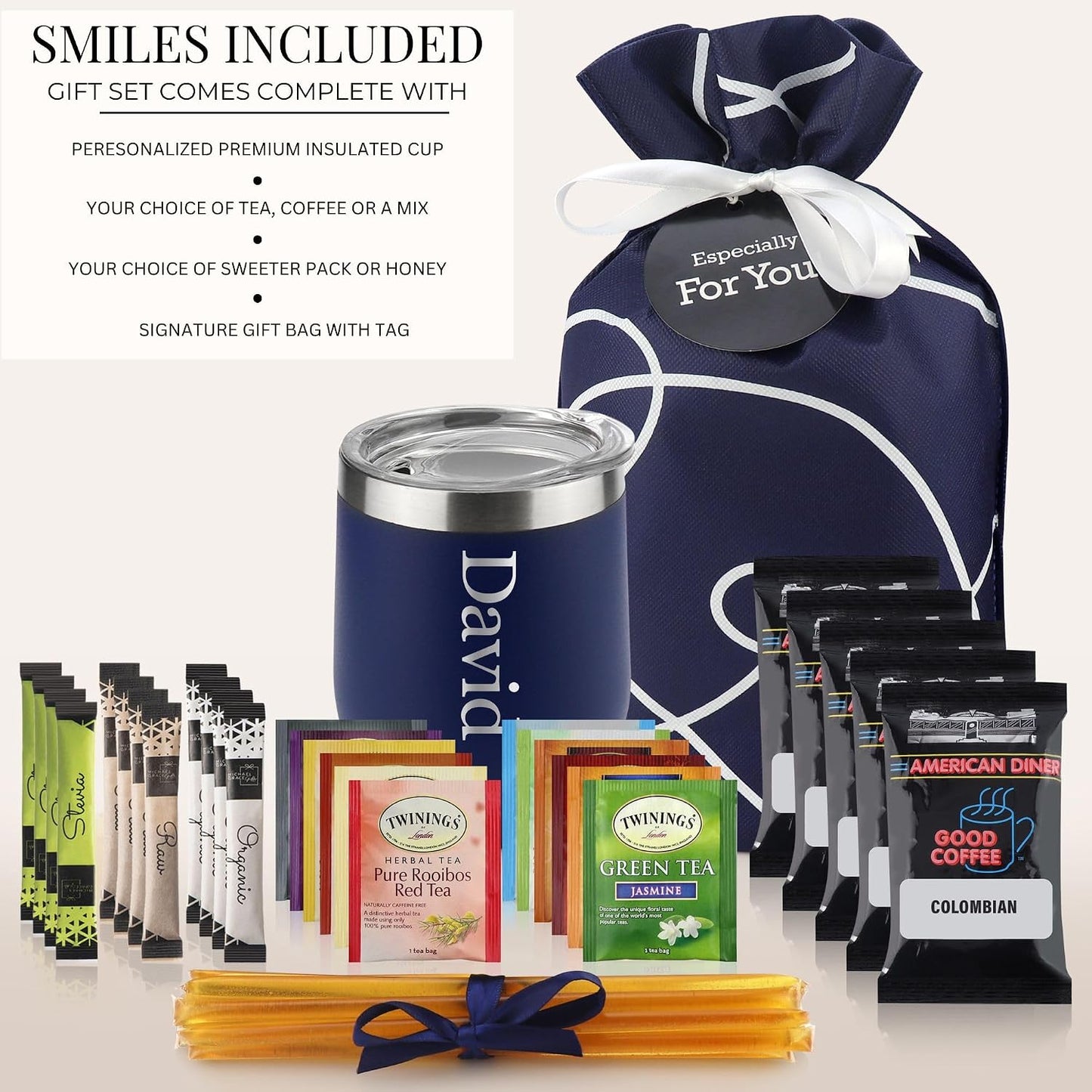 Tea Lovers Gifts Basket - Gift Set Include Temperature Retention Cup 12 Special Blend Teabags & Honey Presented in Beautiful Gift Bag For Women & Men - Birthday, Get Well, Thinking of You Care Package