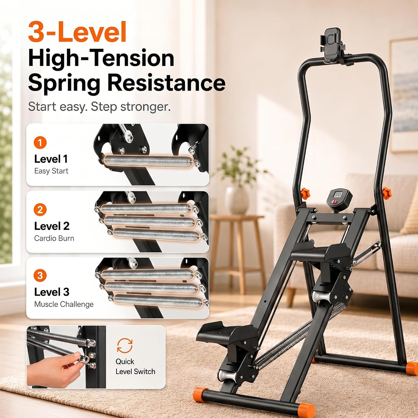 EPHESPORT Stair Stepper for Home Gym, 2.0 Stair Climber with 3-Level Adjustable Resistance, Non-Slip Pedals, Digital Monitor & Phone Holder, Foldable Stepper for Legs Glutes Cardio
