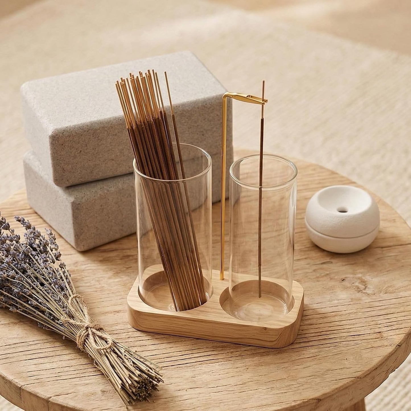 Incense Holder,Wooden Incense Holder for Sticks with 20 Incense Sticks, Anti-ash Incense Burner with Glass Ash Catcher for Meditation Yoga Spa Gift Home Decor