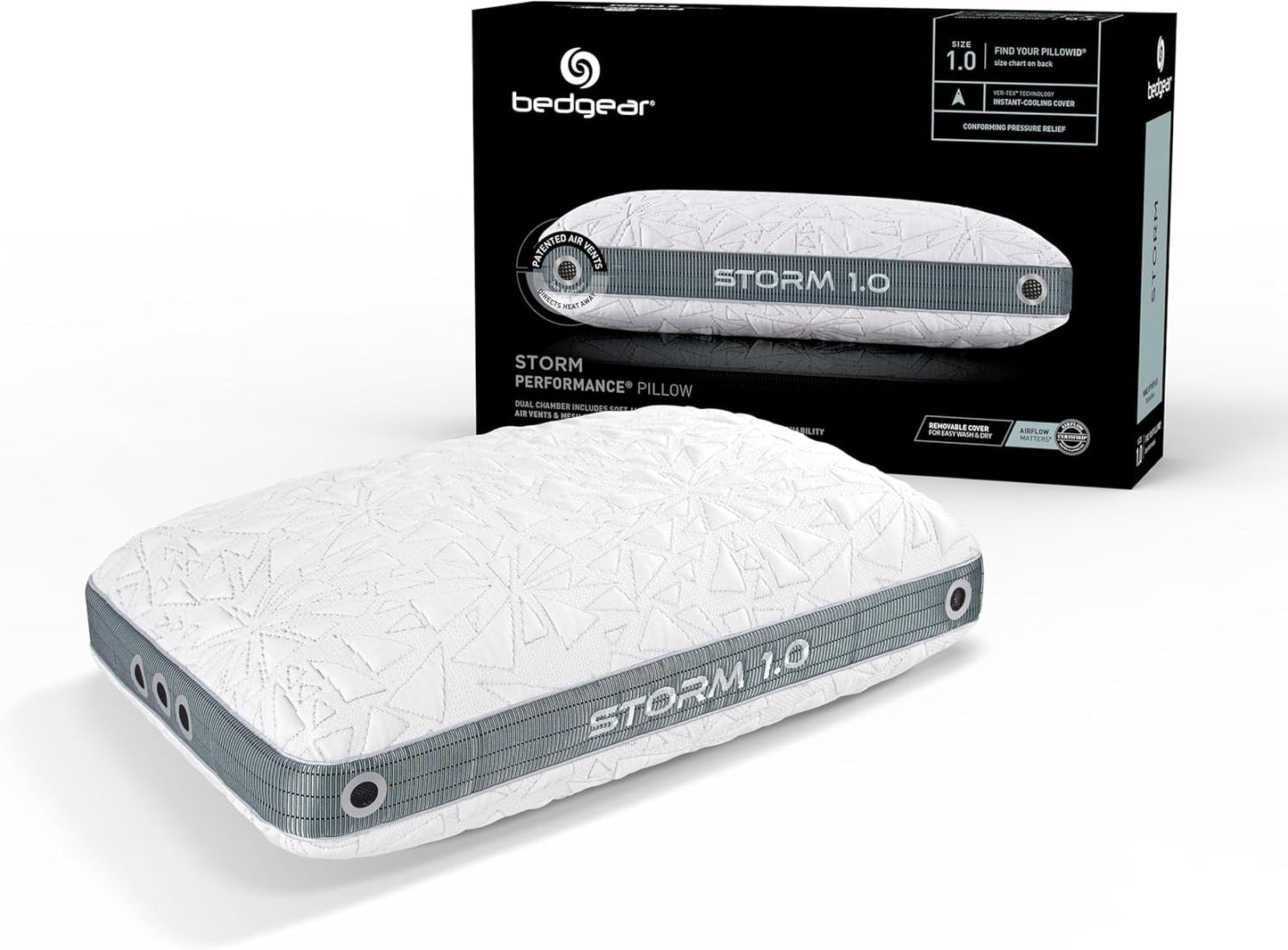 Bedgear Storm Performance Pillow, 1.0 Cooling Pillow for Side Sleepers, Medium Firm Support, Ver-Tex Cooling Cover, Air-X Mesh, Washable