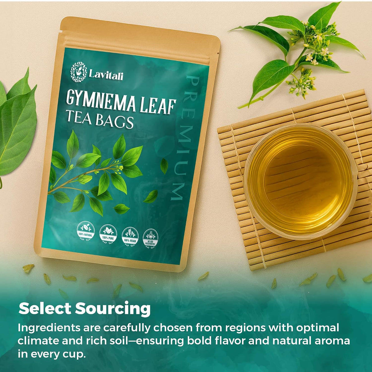 Lavitali, Gymnema Leaves Tea Bags | 60 bags, 100% Pure Herbal Tea | Caffeine-Free, Antioxidant-Rich, Eco-Friendly Filter Bag | Daily Natural Botanical, Hot or Iced Herbal Infusion