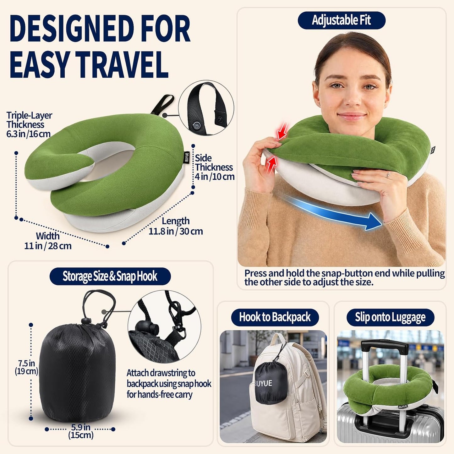 BUYUE Travel Neck Pillows for Airplanes, Memory Foam 360° Head Support Sleep for Long Flight, Skin-Friendly & Breathable, Kit with Eye Mask, Earplugs and Storage Bag (Adult, Grey, 90+ lbs)