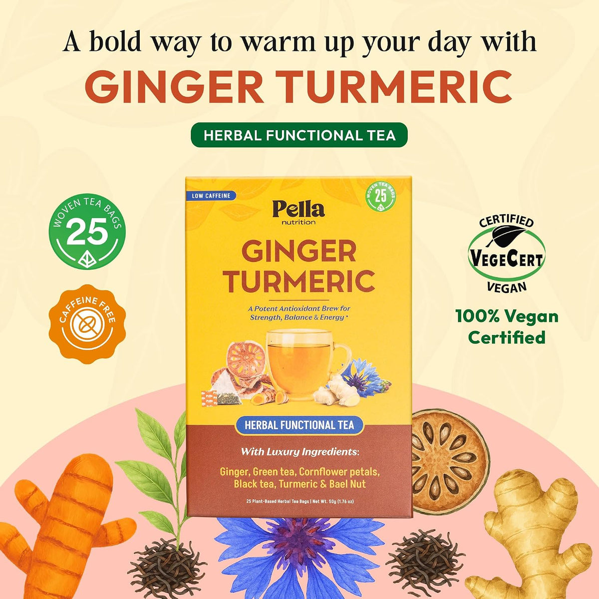 Pella Nutrition Ginger Turmeric Herbal Functional Tea - 25 Teabags