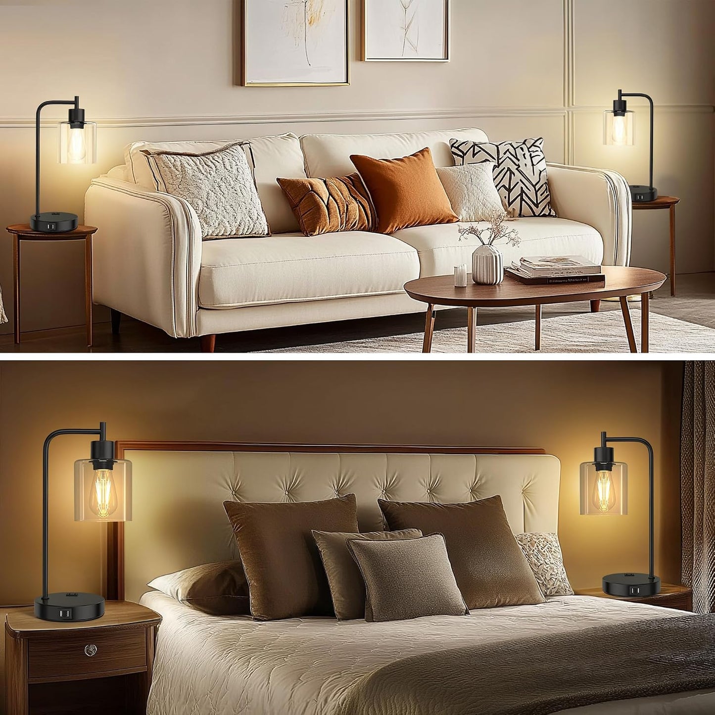 QiMH Industrial Table Lamp for Bedroom Set of 2, Green Glass Beside Lamp with USB A&C Ports, Stepless Dimmable Gold Lamps, Nightstand Lamps for Living Room, Office, Home Decor(Bulb Included)
