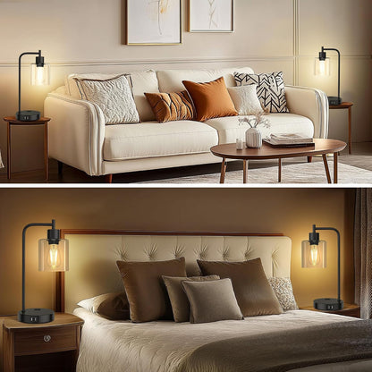 QiMH Industrial Table Lamp for Bedroom Set of 2, Green Glass Beside Lamp with USB A&C Ports, Stepless Dimmable Gold Lamps, Nightstand Lamps for Living Room, Office, Home Decor(Bulb Included)