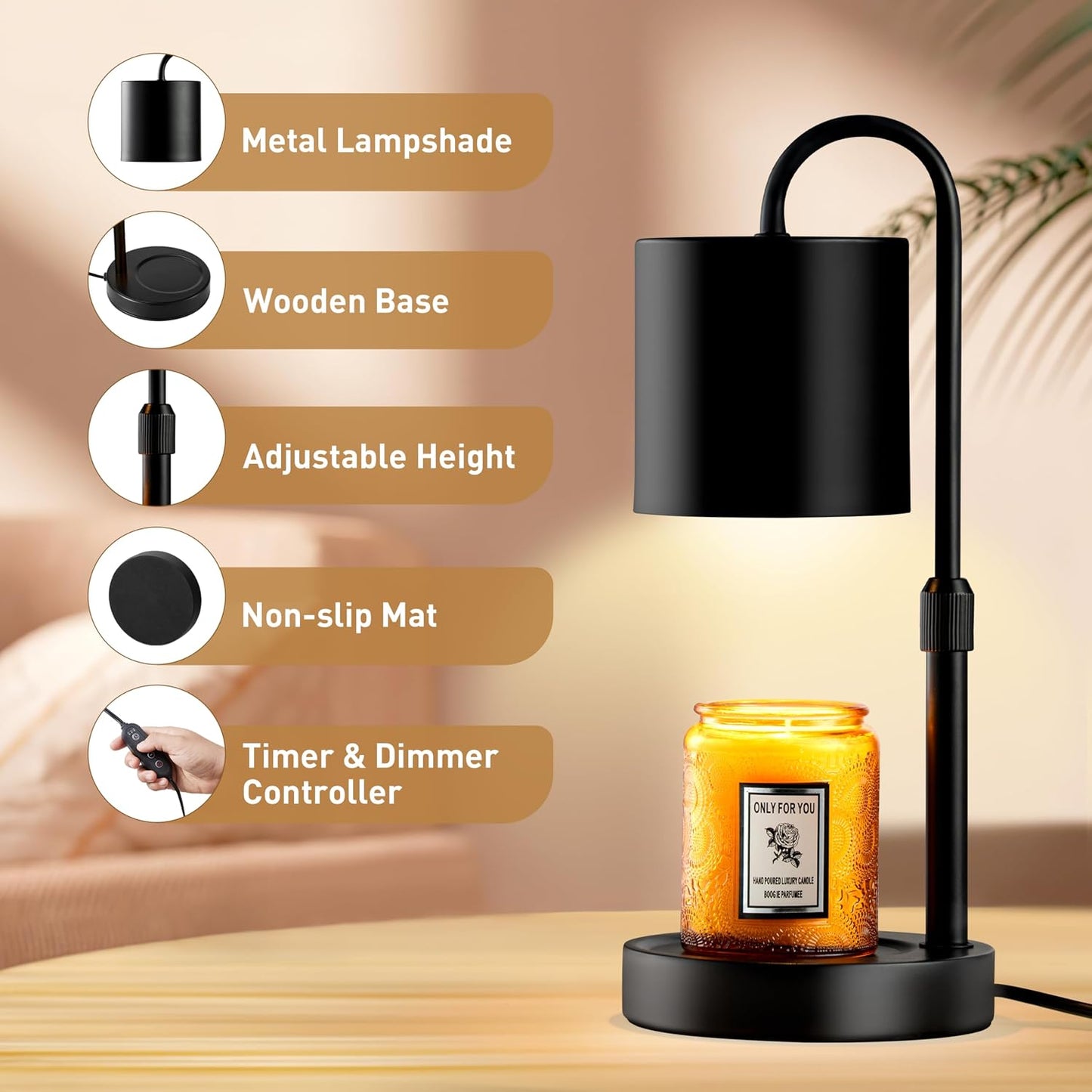 Briever Dimmable Candle Warmer Lamp with Timer, Height Adjustable Electric Candle Wax Warmer, Christmas Birthday Gifts for Women Mom, House Warming Gifts New Home Room Decor, Walnut Solid Wood Base