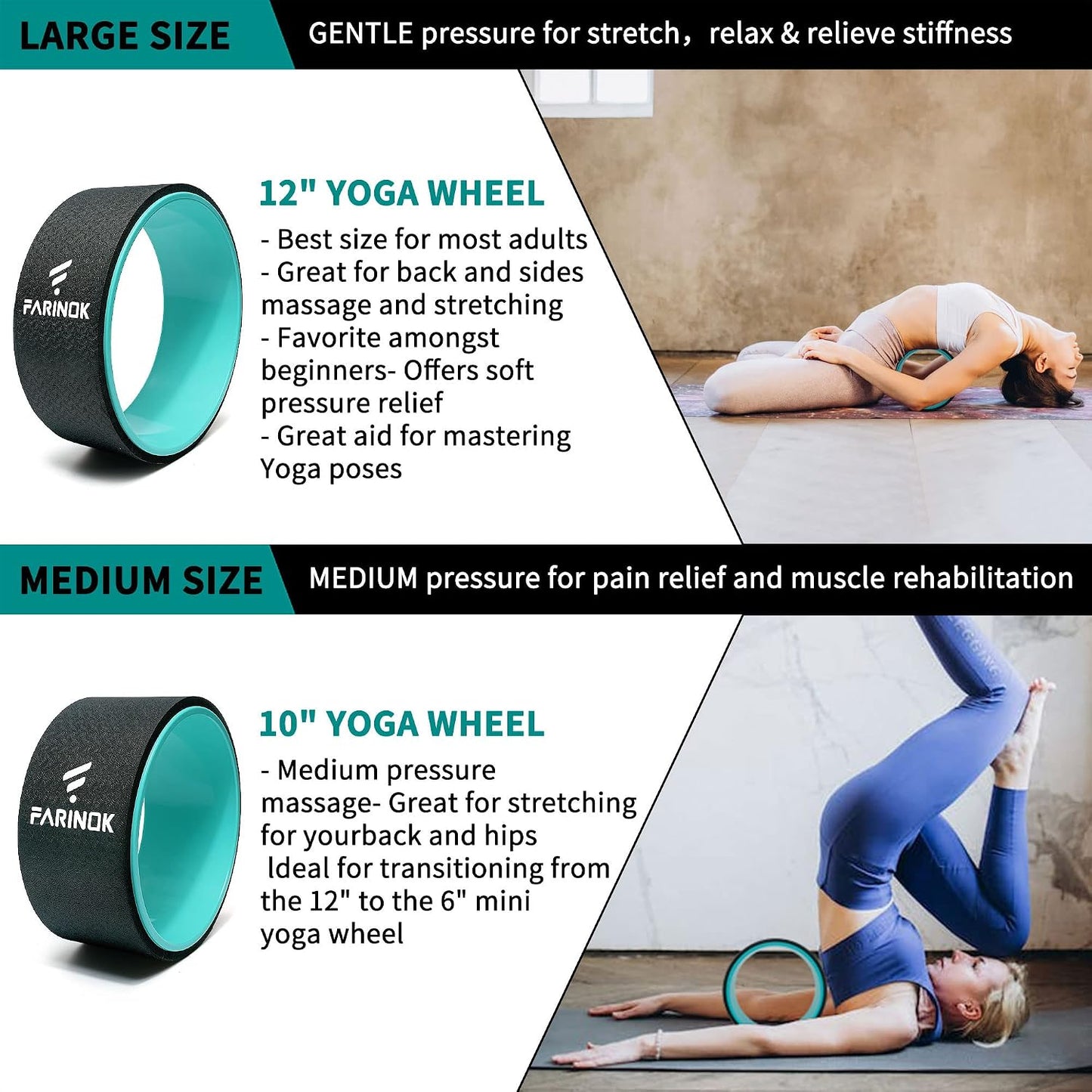 Yoga Wheel Set of 3+1, Upgraded 10MM Thick Back Wheels for Pain Relief & Stretching, Strongest Back Roller for Deep Tissue Massage, Improving Yoga Poses Backbend