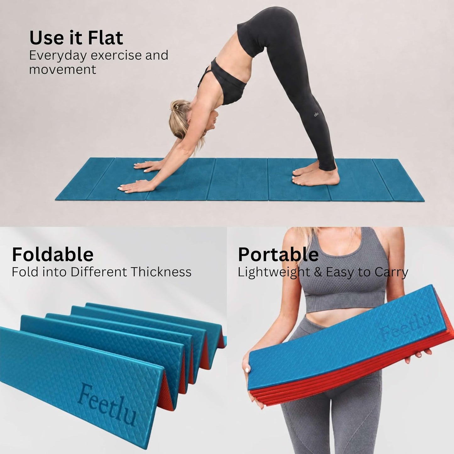 Foldable Yoga Exercise Mat, 6mm/8mm/10mm/12mm Thickness, 72 x 24 Inch - Lightweight, Anti-Slip, and Easy to Store for Yoga, Pilates, Home Workouts, and Floor Exercises