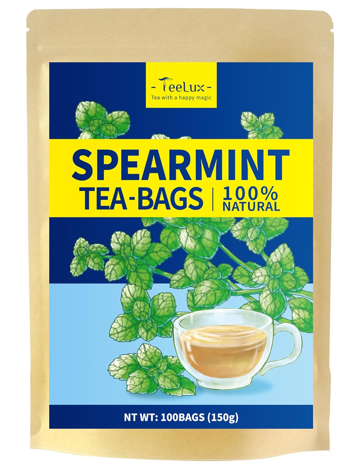 TeeLux Spearmint Tea Bags, Natural Spearmint Leaves, Caffeine Free, 100 ct