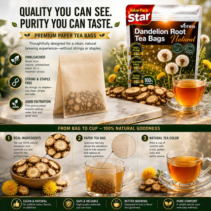 WOTIHA 60 Count Premium Dandelion Root Tea Bags - 100% Natural Roasted, Supports Liver & Kidney Health, Digestion & Immunity, Caffeine-Free, Additive-Free, Gluten-Free, Vegan.