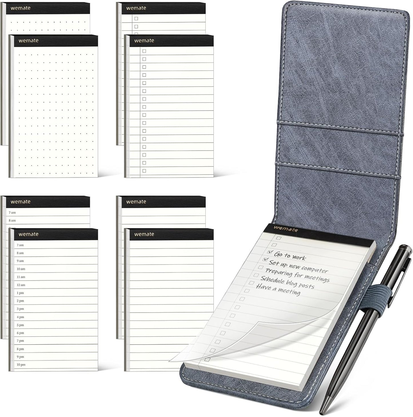 WEMATE 10 Pieces Small Notepad Holder Set Pocket Notebook - Included Mini Pocket Notepad Holder Set with 8 Memo Book Refills and Metal Pen for Meetings, Daily Records, and Notes 3 x 5 Inch (Black)