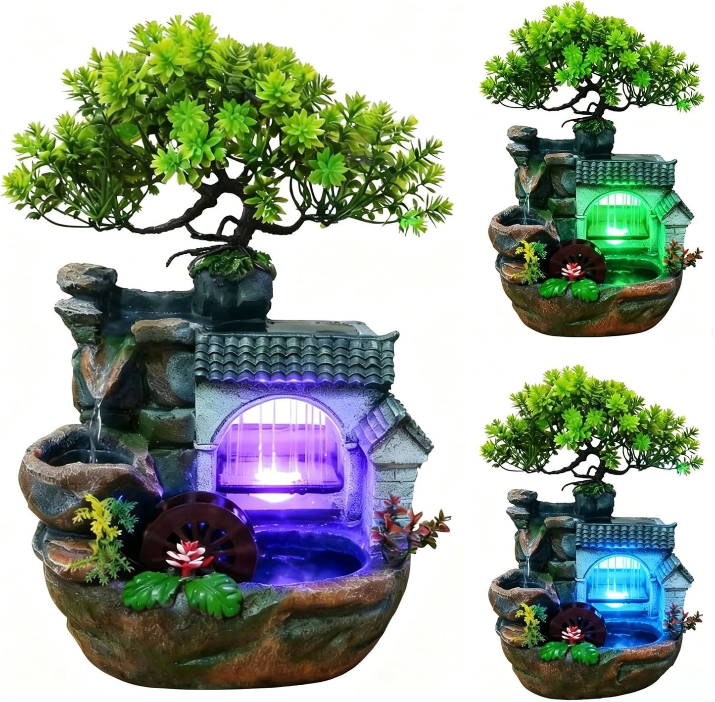 Mini Artificial Bonsai Tree Waterfall Fog Feature Rock Tabletop Fountain | 11in Desktop Decor Waterfall Fountain W/ Water Pump& Atomizer&LED Lights &Fake Tree Office Bedroom Relax
