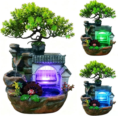 Mini Artificial Bonsai Tree Waterfall Fog Feature Rock Tabletop Fountain | 11in Desktop Decor Waterfall Fountain W/ Water Pump& Atomizer&LED Lights &Fake Tree Office Bedroom Relax