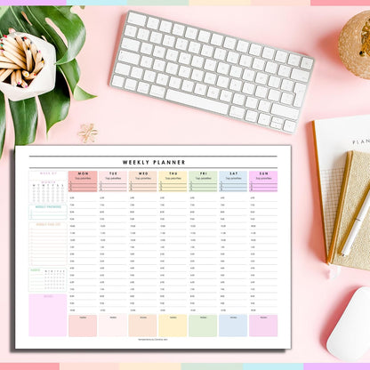 Weekly Hourly Planner Notepad, Daily Planner Desk Pad, Weekly Schedule, To Do List Note Pad, ADHD Planner | 50 Undated Tear Away Sheets | A4 (Rainbow)