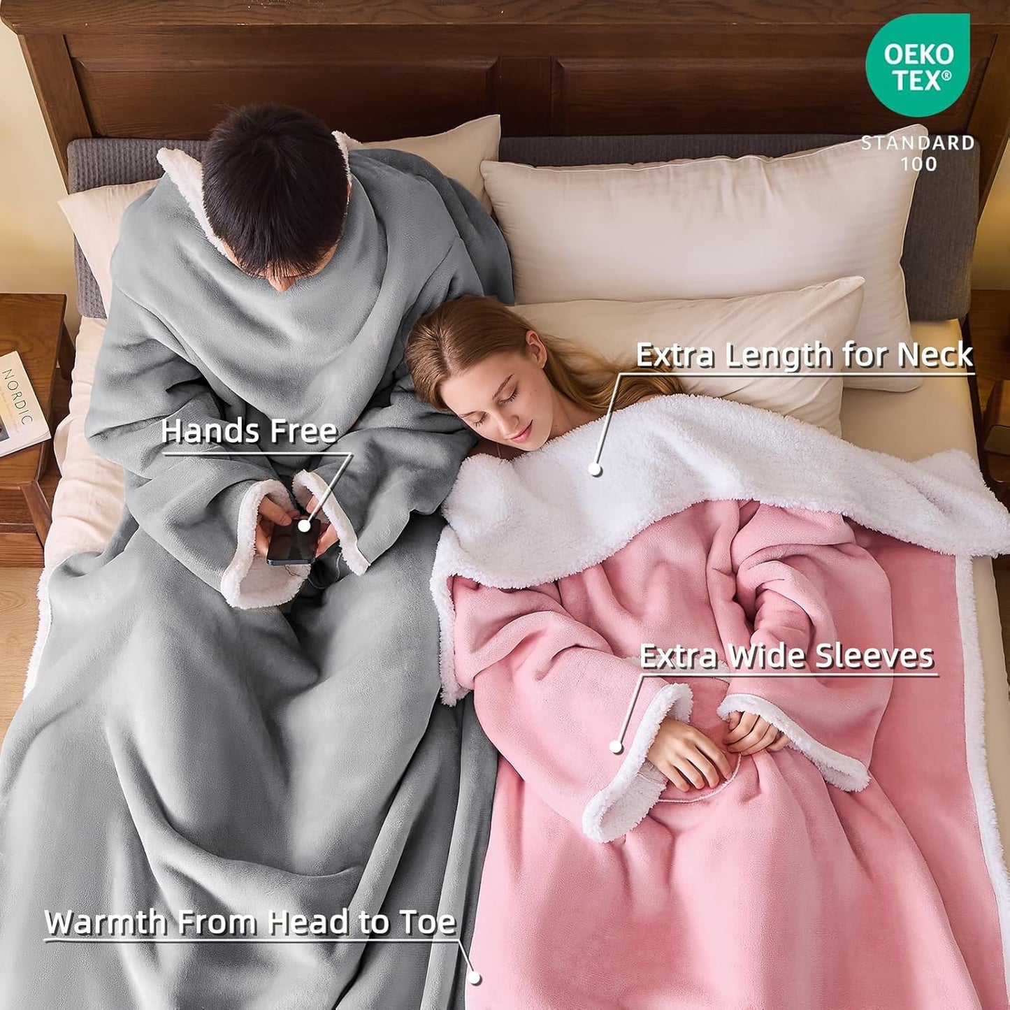 IFNOW Sherpa Wearable Blanket with Sleeves for Women Men Adults, Christmas Birthday Gifts for Women Mom Wife, Cozy Wearable Blanket with Arm and Pocket, Warm Full Body TV Wrap Throw Blanket, Grey