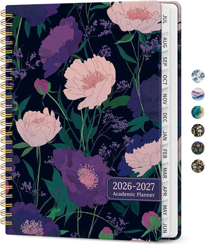 Planner 2026-2027, Academic Monthly and Weekly Calendar Planner for Women, July 2026 - June 2027, Hardcover Pretty Agenda Planner Book with Tabs, Spiral Daily Organizer for School Office Home Supplies, 6.3" x 8.5" - Blue Floral