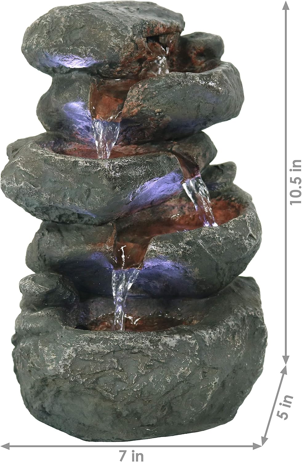 Sunnydaze 10" 5-Step Tabletop Water Fountain with LED Lights, Stacked Rocks