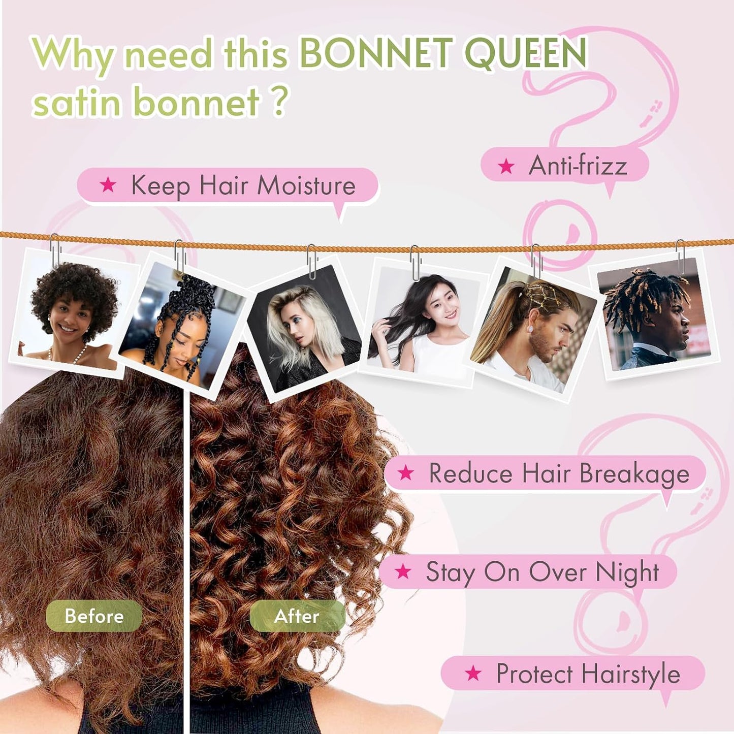 BONNET QUEEN Silk Bonnet for Sleeping for Women Satin Bonnet Night Cap for Curly Hair with Tie Band, Single Layer, Cream Pink