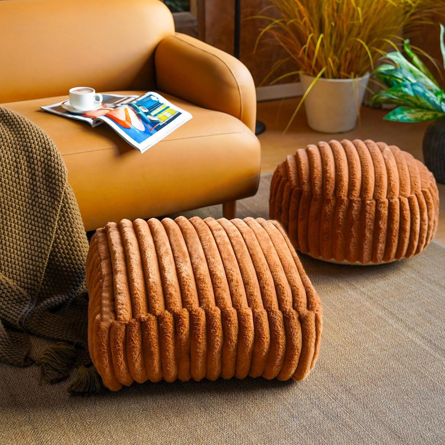 Stuffed Pouf Ottoman Soft Touch Poufs with Foam Chunk Filling Furry and Fluffy Detachable Pouf Foot Stool Storage Ottoman Floor Poufs Foot Rest for Living Room (Caramel, Round)