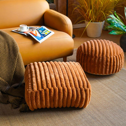 Stuffed Pouf Ottoman Soft Touch Poufs with Foam Chunk Filling Furry and Fluffy Detachable Pouf Foot Stool Storage Ottoman Floor Poufs Foot Rest for Living Room (Caramel, Round)