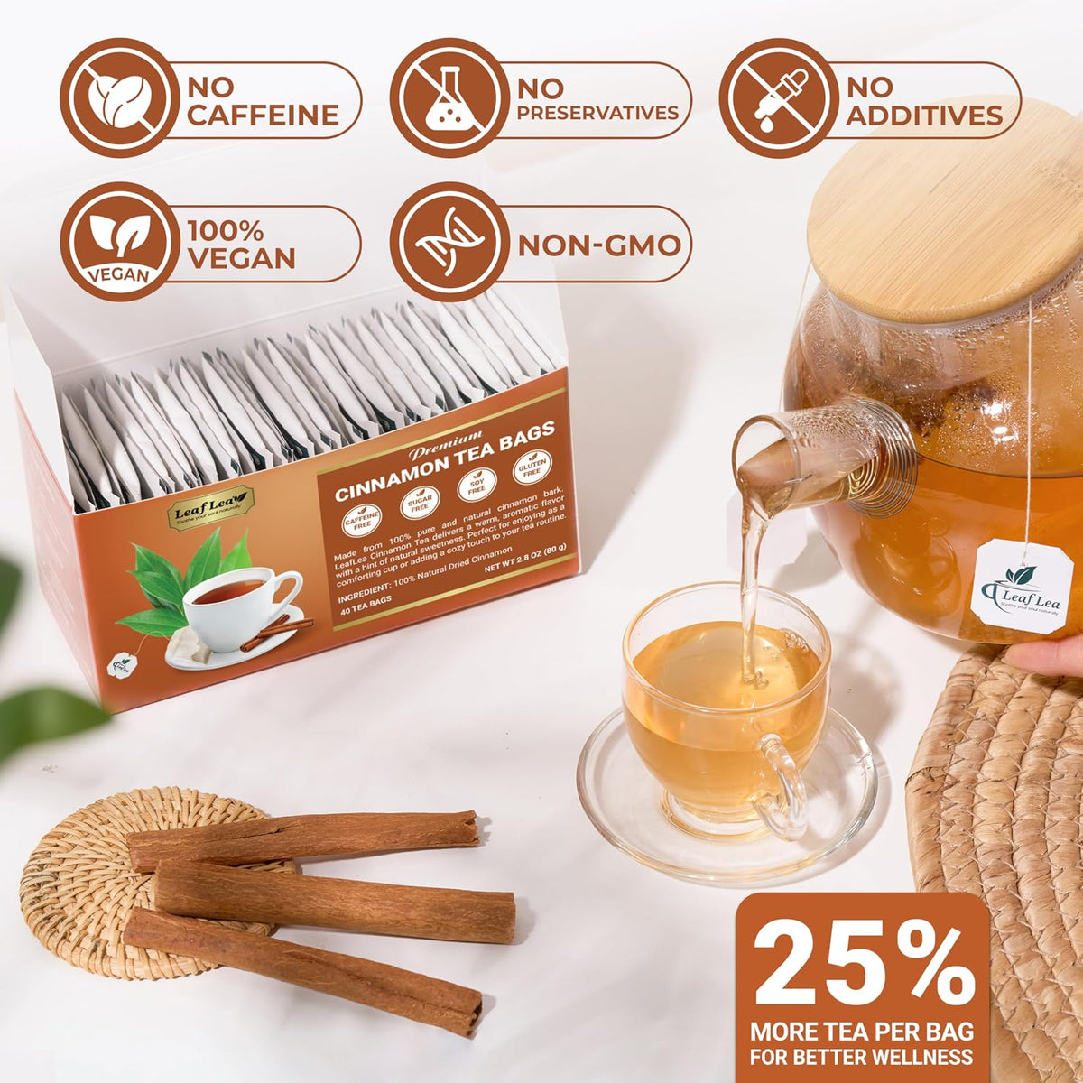 LeafLea Cinnamon Tea Bags, Bold Ground Cinnamon Spice, Sugar-Free, 80 Count