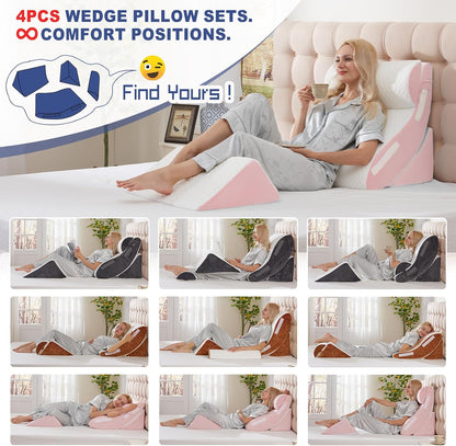 4PCS Orthopedic Bed Wedge Pillow Set for Sleeping, Post Surgery Foam Support Pillows for Back, Neck and Leg Pain Relief, Adjustable Triangle Pillow – Acid Reflux, GERD & Snoring Recovery, White Grey