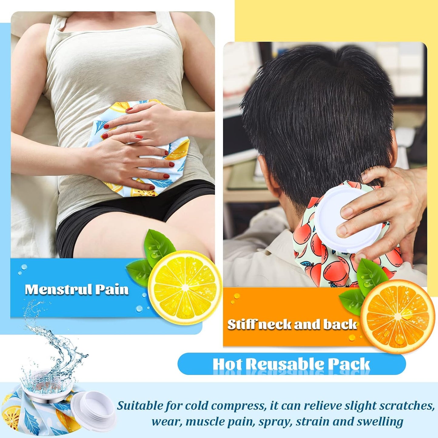 Honoson 4 Pack Reusable Ice Pack for Injuries, Ice Bags Hot Water Bag for Hot & Cold Pain Relief No-Leak Elastic Breathable for Muscle, Joint Pain Swelling, Sports & Home Use(Cute Fruit Style)