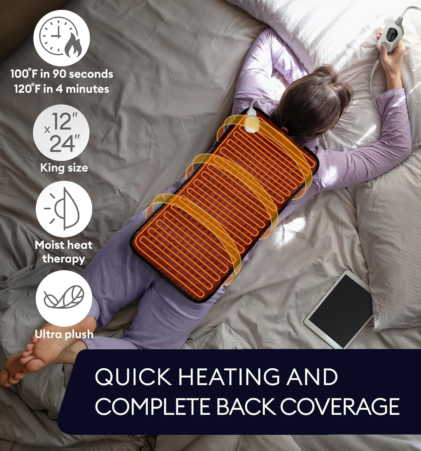 GENIANI Electric Heating Pad for Back Pain & Cramps Relief, Electric Throw, Self Care Gifts for Women, Heating Pad for Neck & Shoulder, Machine Washable Microplush, Auto Shut Off (12"x24", Tabby Gray)