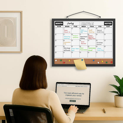 Monthly Calendar Dry Erase Board 16x12 Inch, Double-Sided Whiteboard and Corkboard Combo, Wall Mounted Planner Organizer with Markers, Magnets, Push Pins, Eraser, for Home Office School