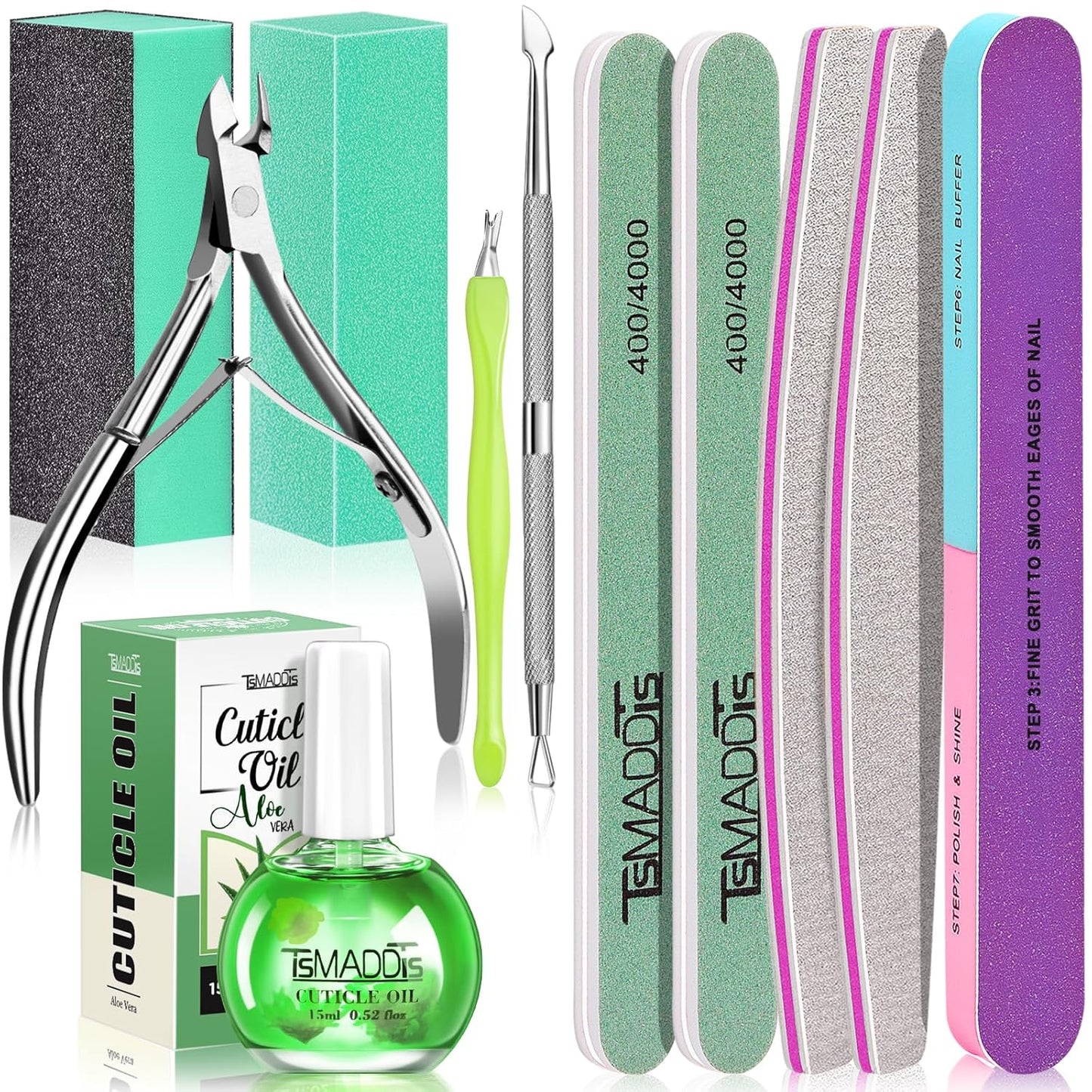 TsMADDTs Manicure Tools Kit Nail Care Kit with 3 pcs Files, 2 pcs Buffer Blocks, 2 Polishing Buffers, Cuticle Nipper, Pusher and Cuticle Oil