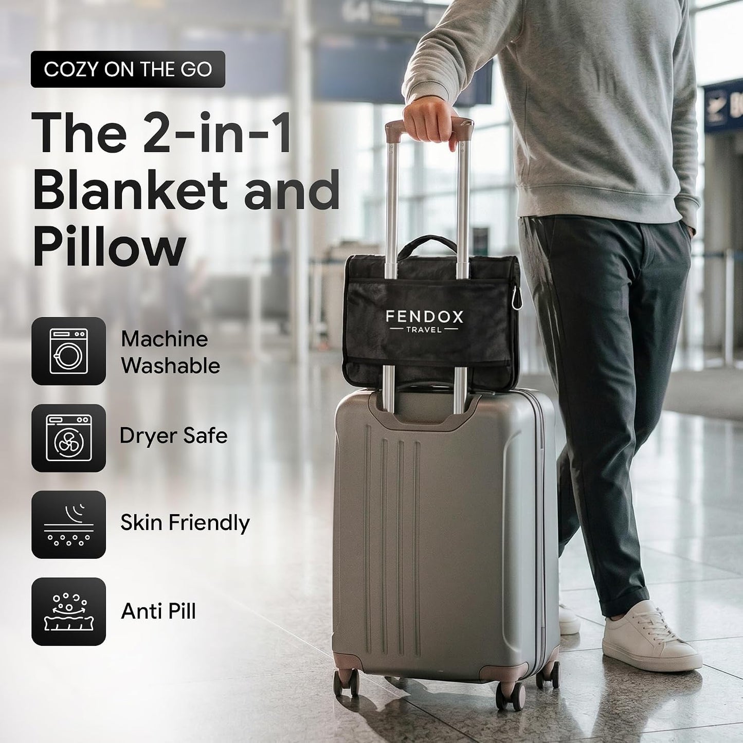 2-in-1 Travel Blanket and Pillow – Lightweight, Compact, Ultra Soft, Machine Washable – Handle, Luggage Sleeve, Backpack Clip – for Travel Airplane, Car, Office (Gray)