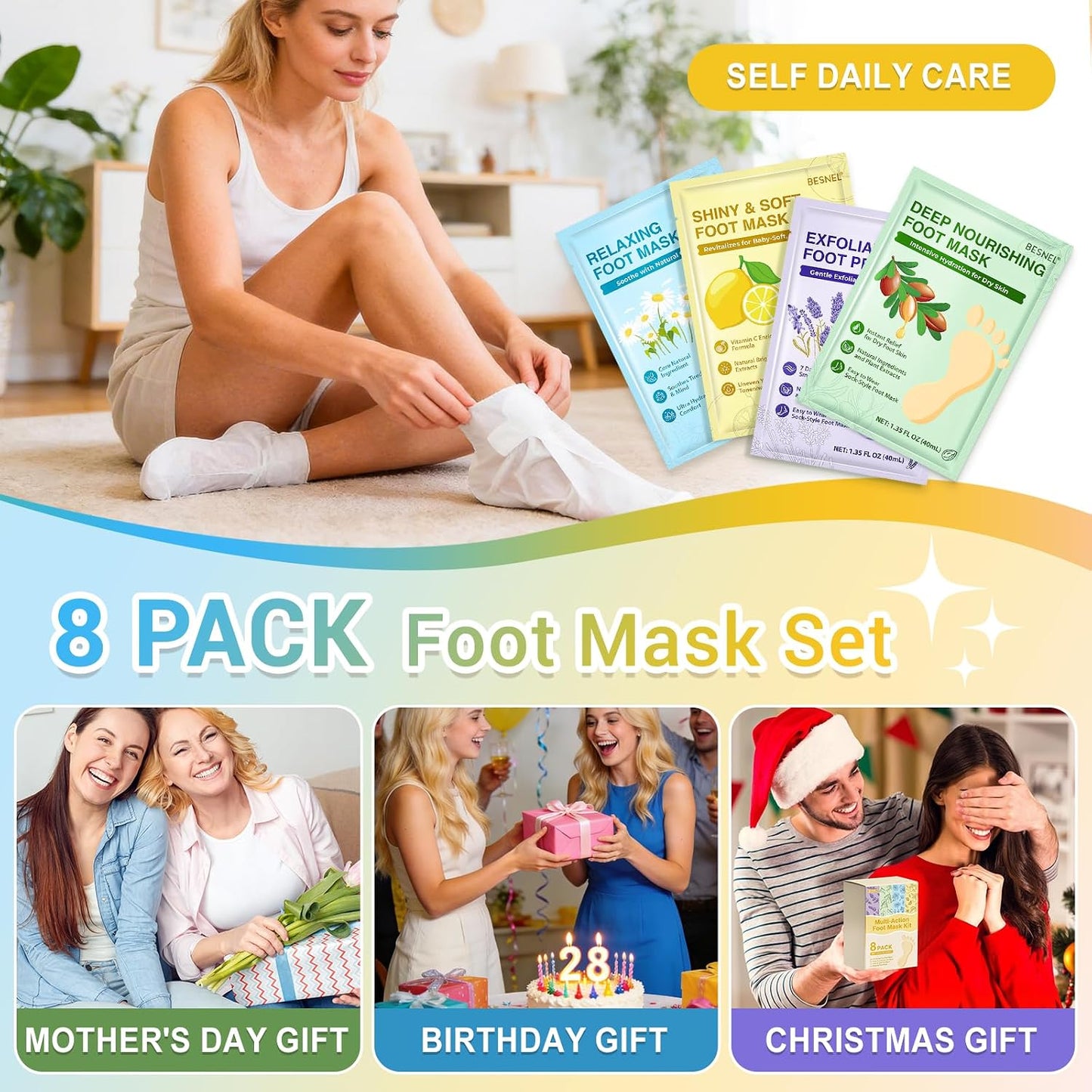 8 Pack Moisturizing Foot Mask,Hydrating Foot Masks for Dry Cracked Feet,Soothing Dry Skin Moisturizer Socks for Baby Soft Feet,Teacher Appreciation Gifts,Foot Care Spa Gifts for Women Men(4 Styles)