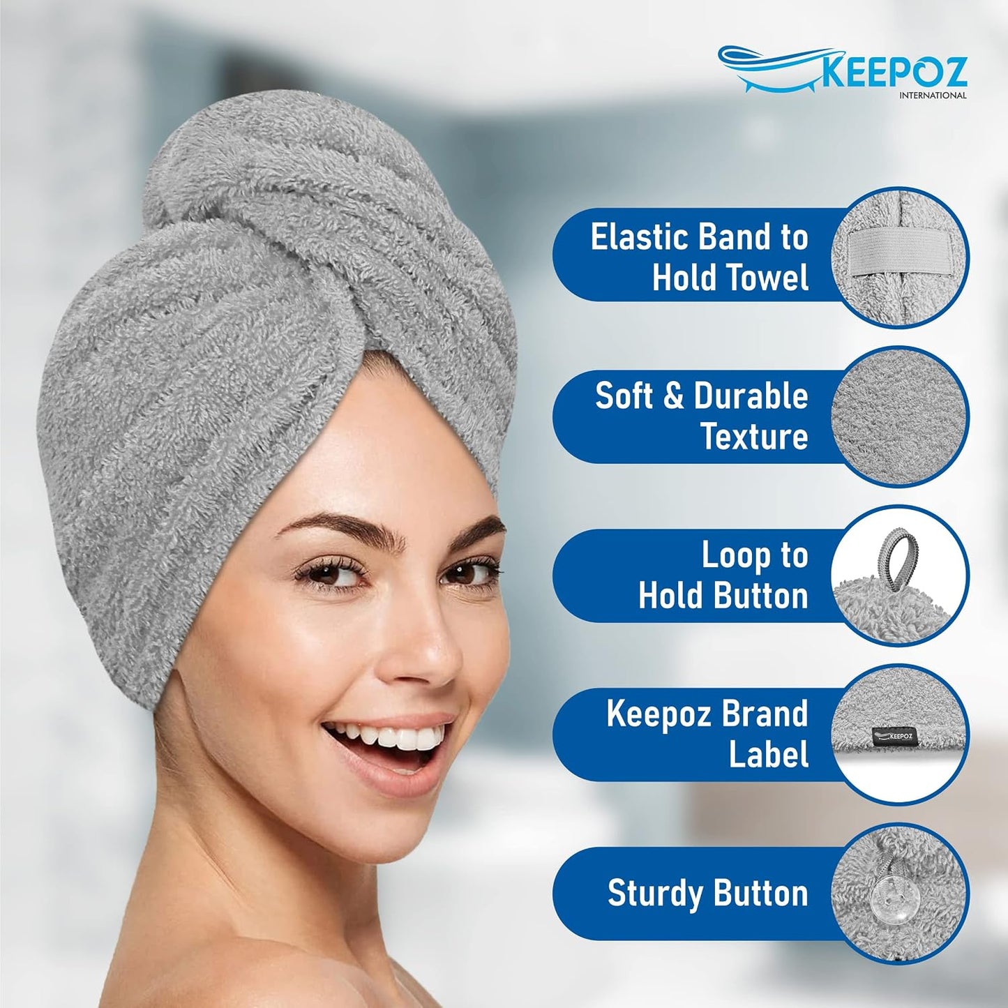 KEEPOZ 100% Cotton Hair Towel Wrap Quick Dry Super Absorbent Turban Head Wrap for Women with Button, Anti Frizz, Hair Cap for Curly, Long & Thick Hair (White, 1 Pc)