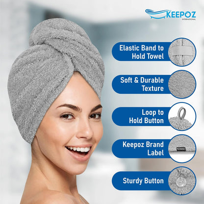 KEEPOZ 100% Cotton Hair Towel Wrap Quick Dry Super Absorbent Turban Head Wrap for Women with Button, Anti Frizz, Hair Cap for Curly, Long & Thick Hair (White, 1 Pc)