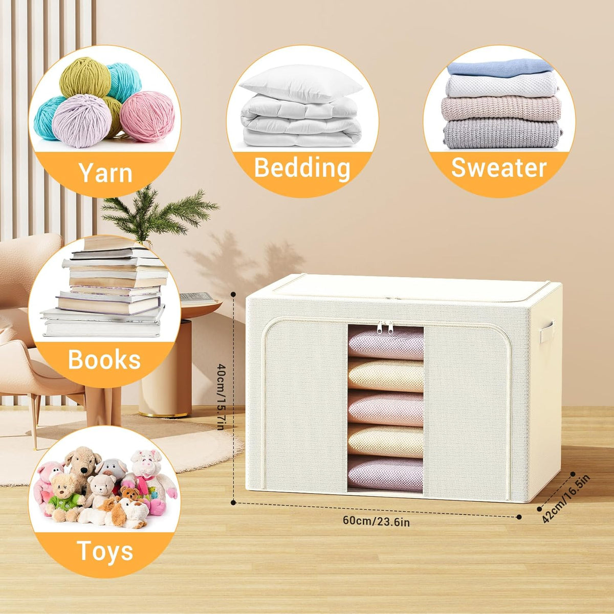 Clothes Storage Bins with Metal Frame Foldable Storage Box Clothes Organizers Storage Containers for Clothes Sheets Blankets Books Toys Gifts and Holiday Decorations (66Lx3 Pack)