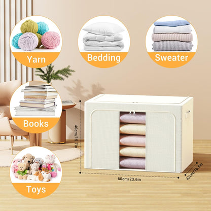 Clothes Storage Bins with Metal Frame Foldable Storage Box Clothes Organizers Storage Containers for Clothes Sheets Blankets Books Toys Gifts and Holiday Decorations (66Lx3 Pack)