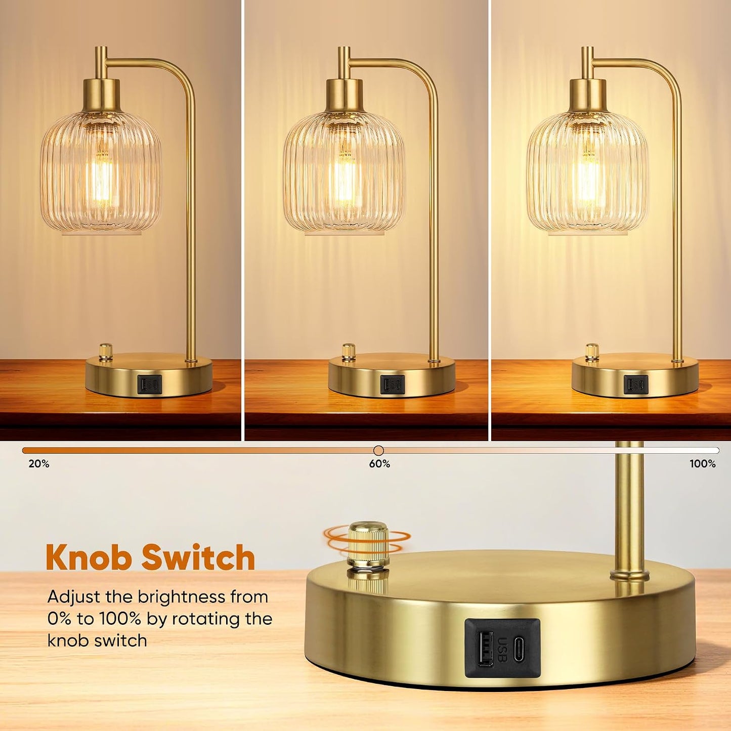 QiMH Industrial Table Lamp for Bedroom Set of 2, Green Glass Beside Lamp with USB A&C Ports, Stepless Dimmable Gold Lamps, Nightstand Lamps for Living Room, Office, Home Decor(Bulb Included)