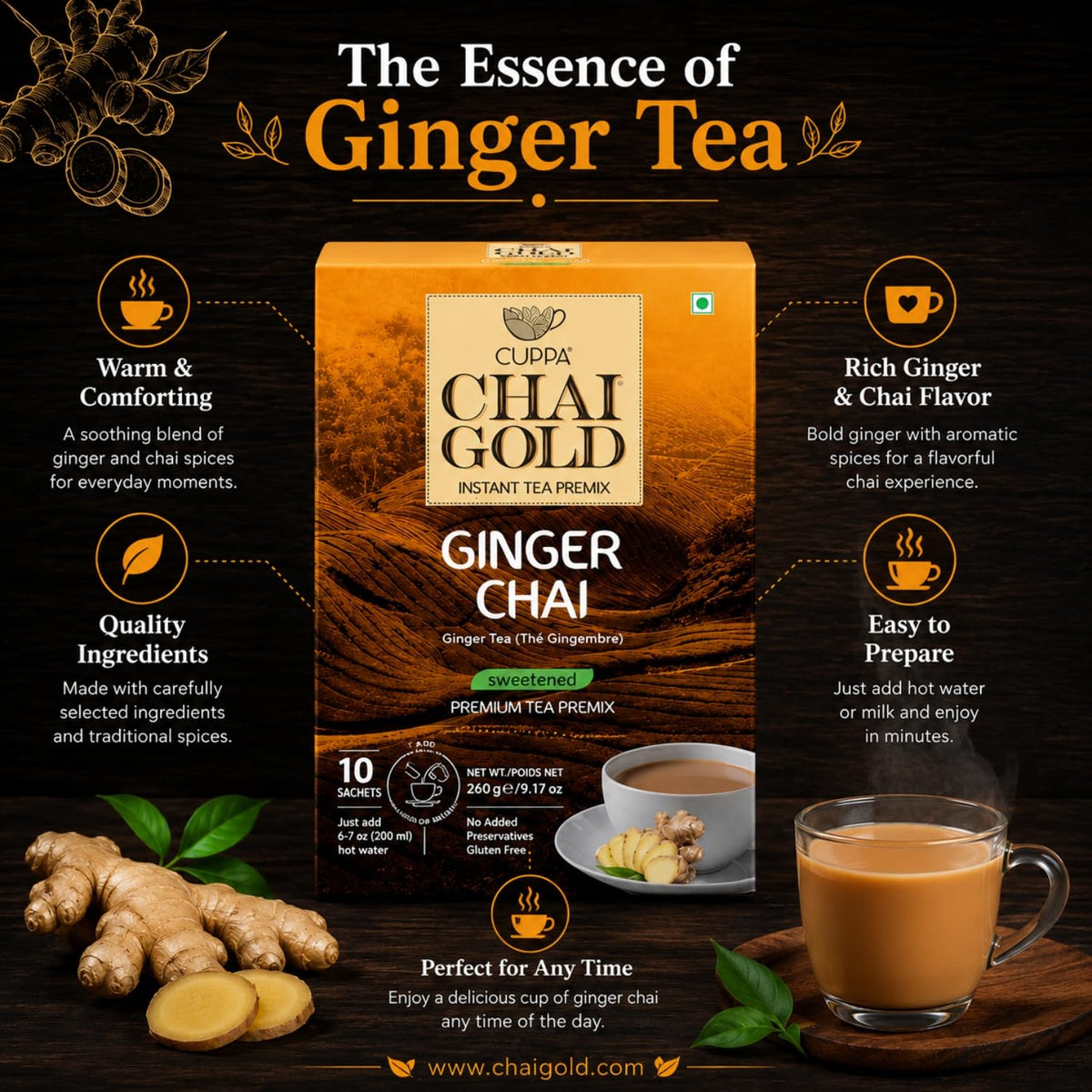 Cuppa Chai Gold Cardamom Chai Instant Tea Premix Sweetened, Rich Cardamom Flavor Tea Beverage Mix, Smooth Creamy Taste, Just Add Hot Water, Convenient Single-Serve Sachets for Home, Office & Travel, 10 Count