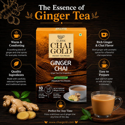 Cuppa Chai Gold Cardamom Chai Instant Tea Premix Sweetened, Rich Cardamom Flavor Tea Beverage Mix, Smooth Creamy Taste, Just Add Hot Water, Convenient Single-Serve Sachets for Home, Office & Travel, 10 Count