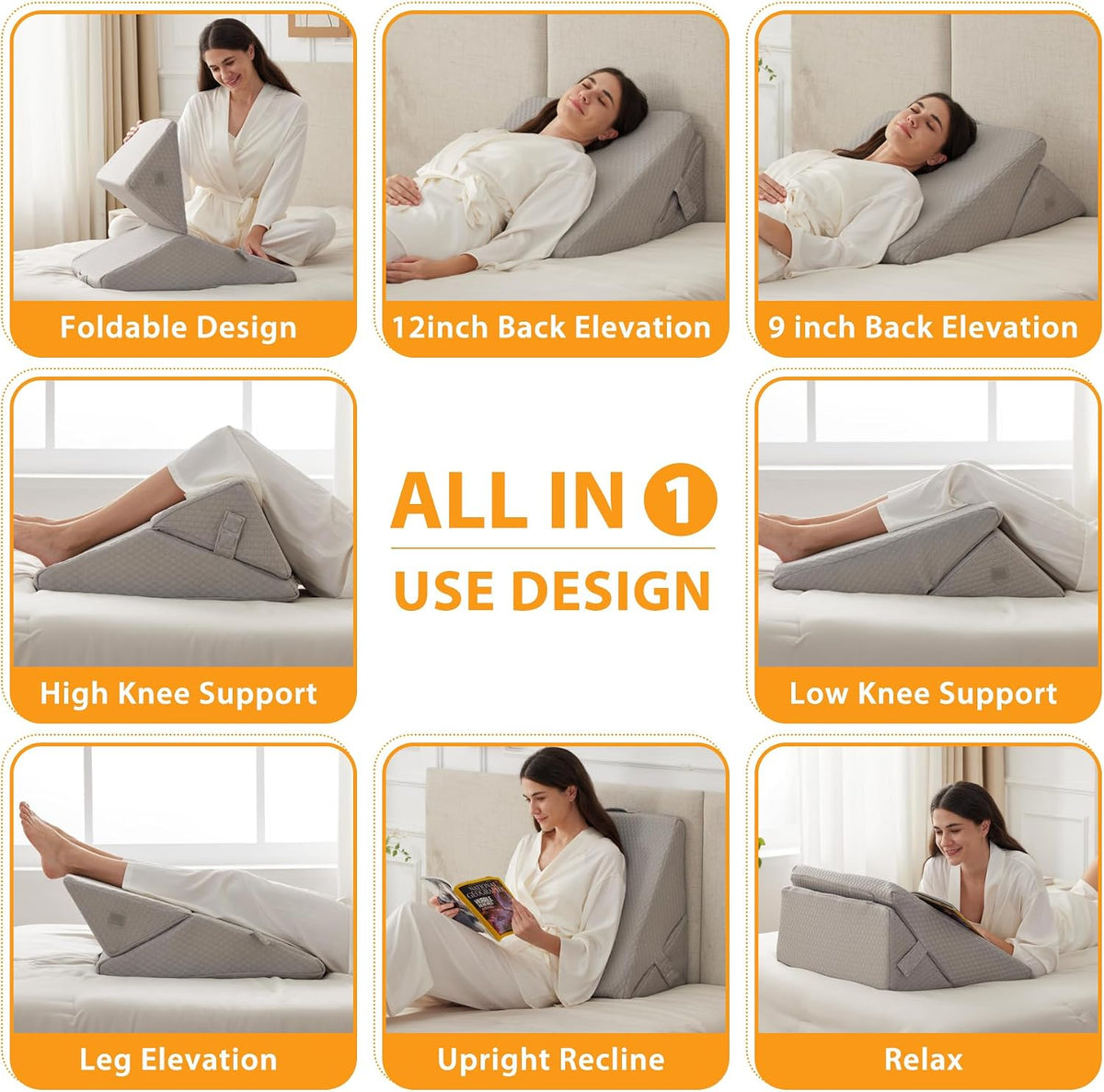 Ruqmuis Wedge Pillow Set for After Surgery, 3PCS Adjustable 9&12 Inch Bed Wedge Pillow for Sleeping, Incline Pillow Wedge for Headboard, Post Surgery, Acid Reflux, Neck&Back Support, White/Grey