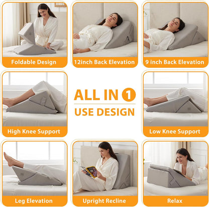 Ruqmuis Wedge Pillow Set for After Surgery, 3PCS Adjustable 9&12 Inch Bed Wedge Pillow for Sleeping, Incline Pillow Wedge for Headboard, Post Surgery, Acid Reflux, Neck&Back Support, White/Grey