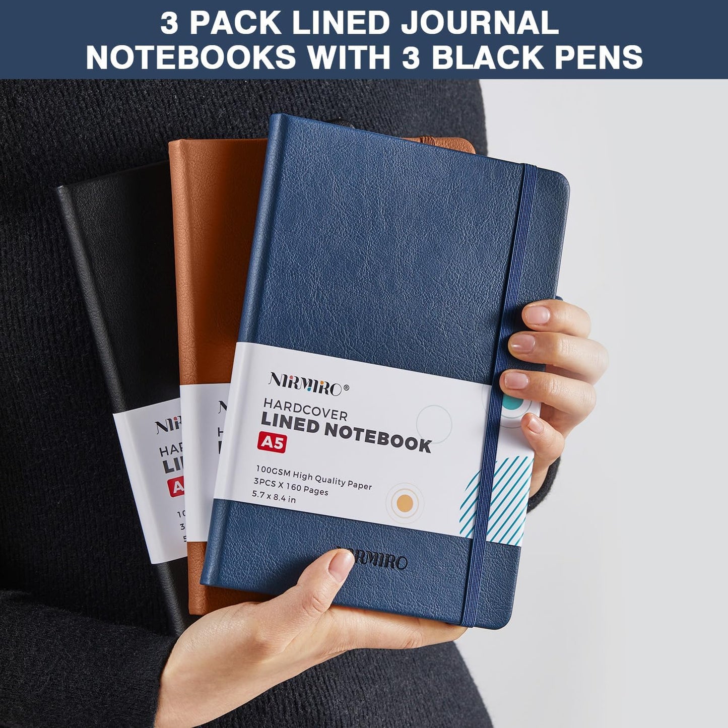 NIRMIRO (3 Pack) Pocket Notebook Small Journal with Pen, 3.7" x 5.7", A6 Mini Notebook for Women Men Work Writing, Hardcover Small Pocket Notepad with 100Gsm Premium Thick Lined Paper, Black Leather