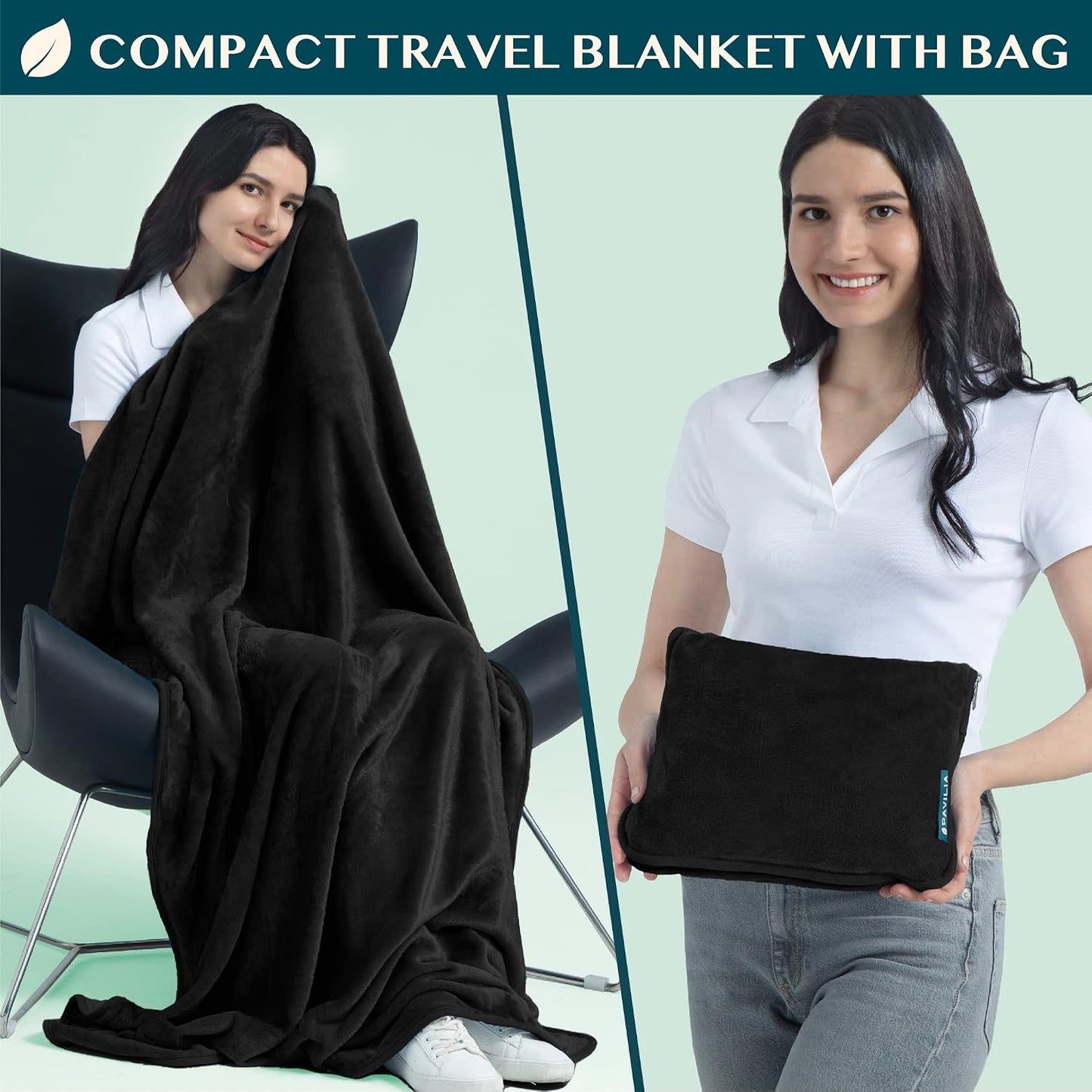 PAVILIA Travel Blanket Pillow, Soft Airplane Blanket 2-IN-1 Combo Set, Plane Blanket Compact Packable, Flight Essentials Car Pillow, Travelers Gifts Accessories Luggage Backpack Strap, 60x43 Teal Blue