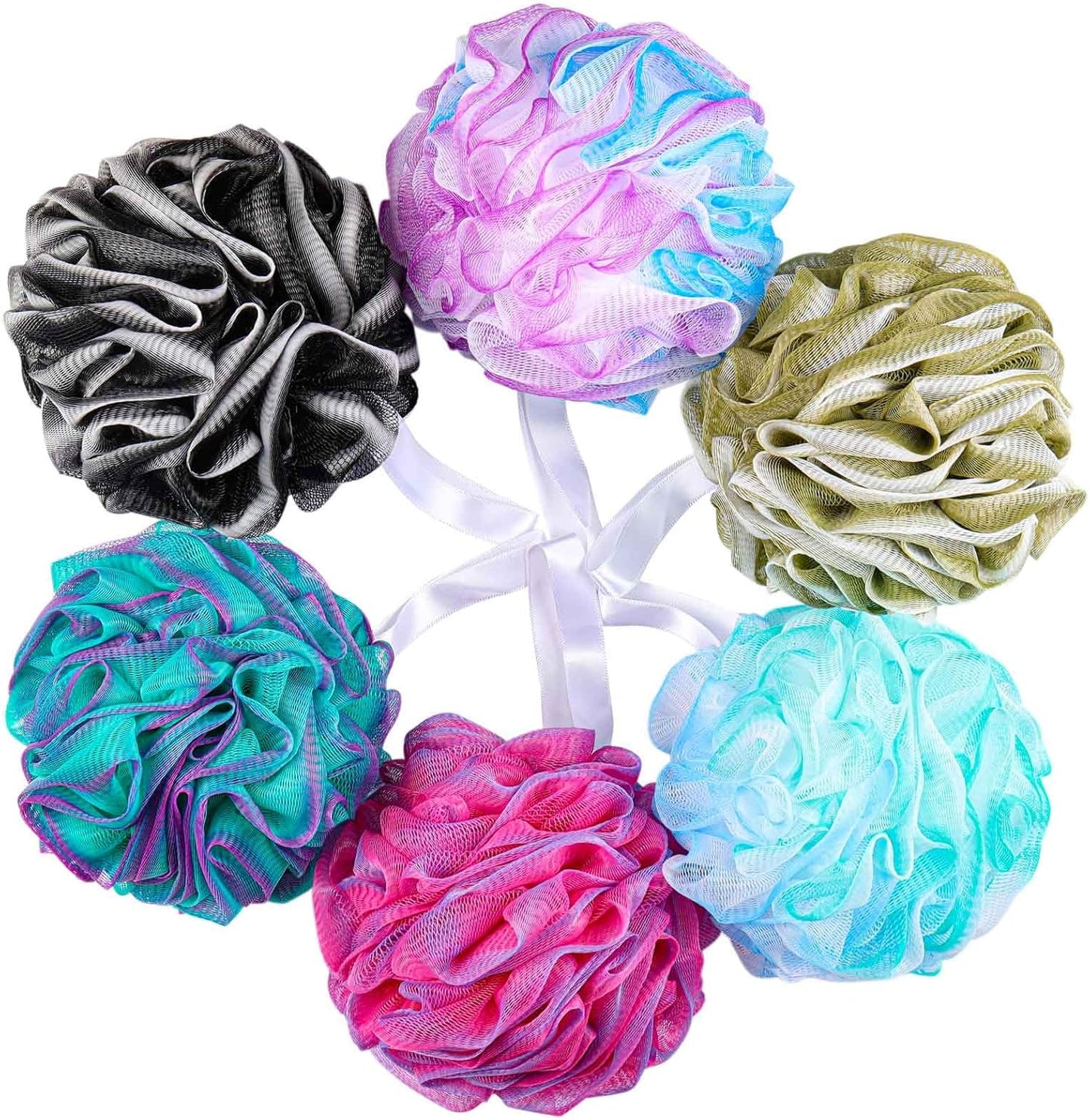 BTYMS 75g/Pc Large Loofahs Shower Sponge, Exfoliating Body Scrubber Shower Scrunchies Mesh Pouf Bath Sponges - Pack of 6