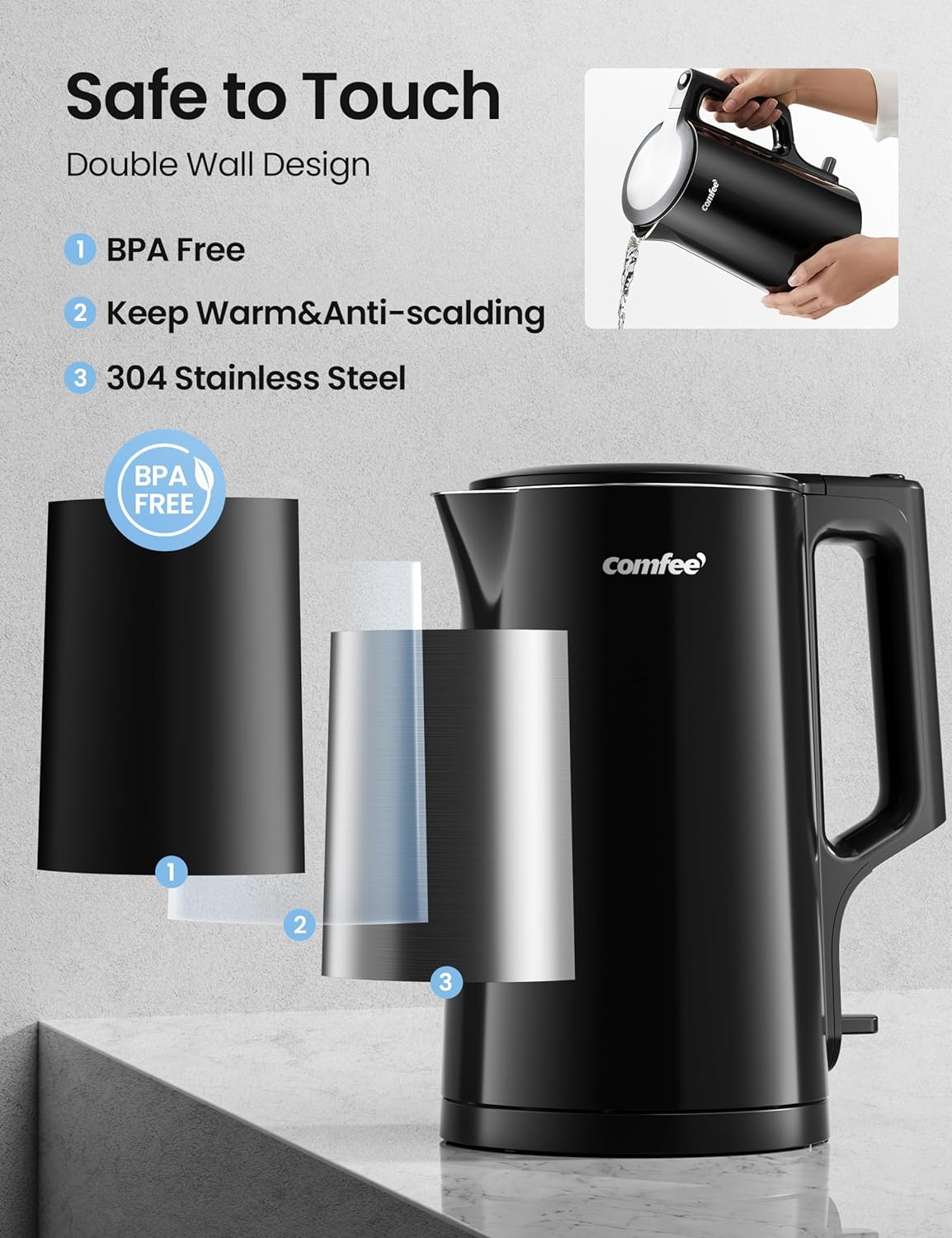 Comfee 1.7L Stainless Steel Electric Tea Kettle, BPA-Free Hot Water Boiler, Cordless with LED Light, Auto Shut-Off and Boil-Dry Protection, 1500W Fast Boil