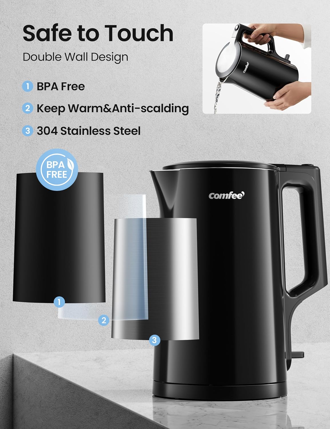 Comfee 1.7L Stainless Steel Electric Tea Kettle, BPA-Free Hot Water Boiler, Cordless with LED Light, Auto Shut-Off and Boil-Dry Protection, 1500W Fast Boil