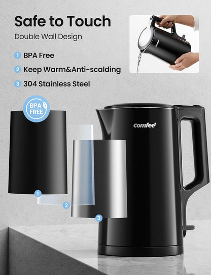 Comfee 1.7L Stainless Steel Electric Tea Kettle, BPA-Free Hot Water Boiler, Cordless with LED Light, Auto Shut-Off and Boil-Dry Protection, 1500W Fast Boil