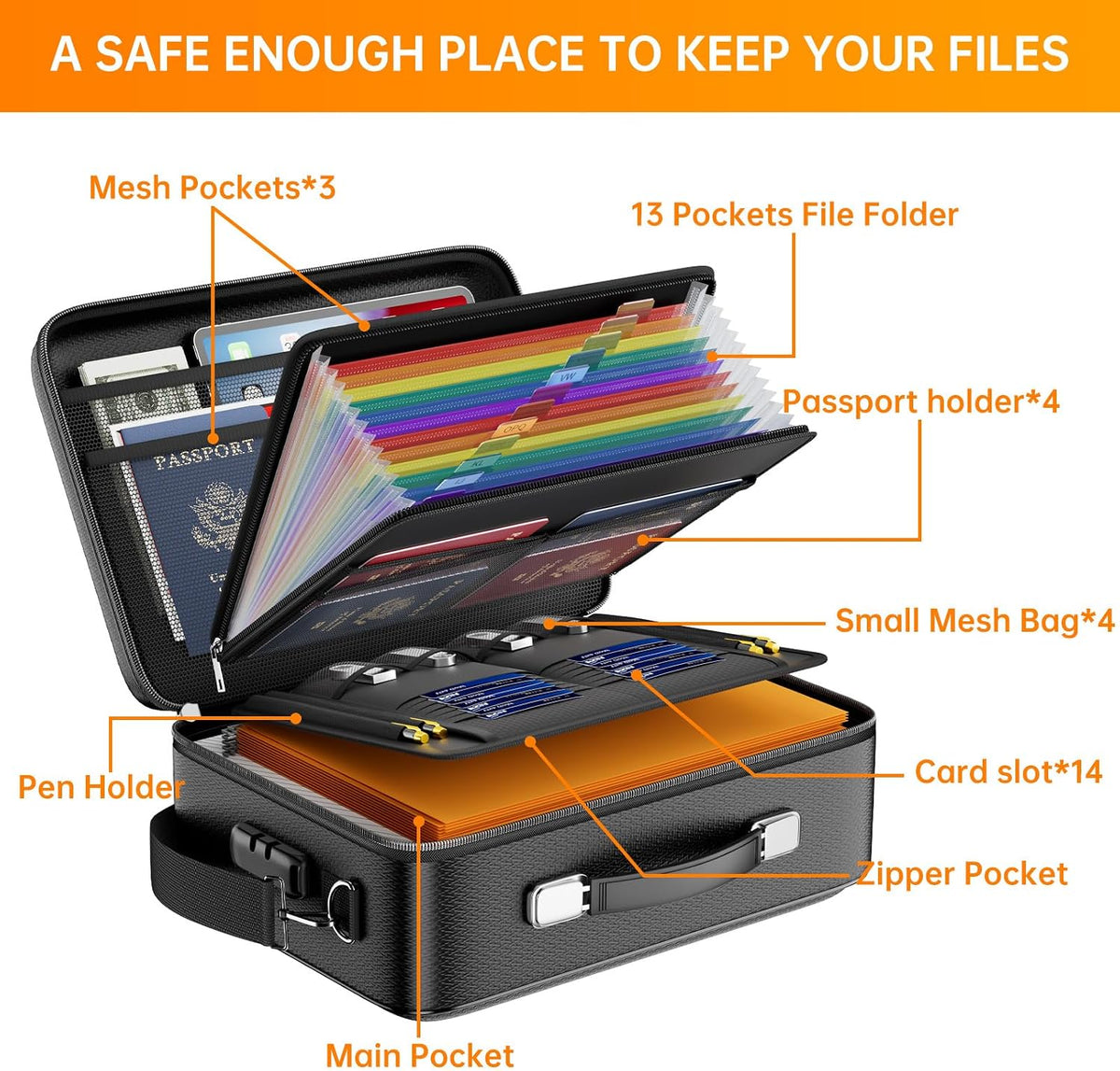 DocSafe Fireproof File Organizer with Lock, Hard-Shell Case Fireproof Document Box with 13 Pocket Accordion File Folder, Portable Home Office Travel Safe Storage for Important Documents Laptop Beige
