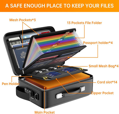 DocSafe Fireproof File Organizer with Lock, Hard-Shell Case Fireproof Document Box with 13 Pocket Accordion File Folder, Portable Home Office Travel Safe Storage for Important Documents Laptop Beige