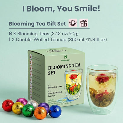 Blooming Tea Gift Set with Double-Walled Glass Teacup, 8 Handcrafted Flowering Tea Balls, Artisan Green Tea and Flower Varieties, Perfect Birthday and Anniversary Gift for Tea Lovers